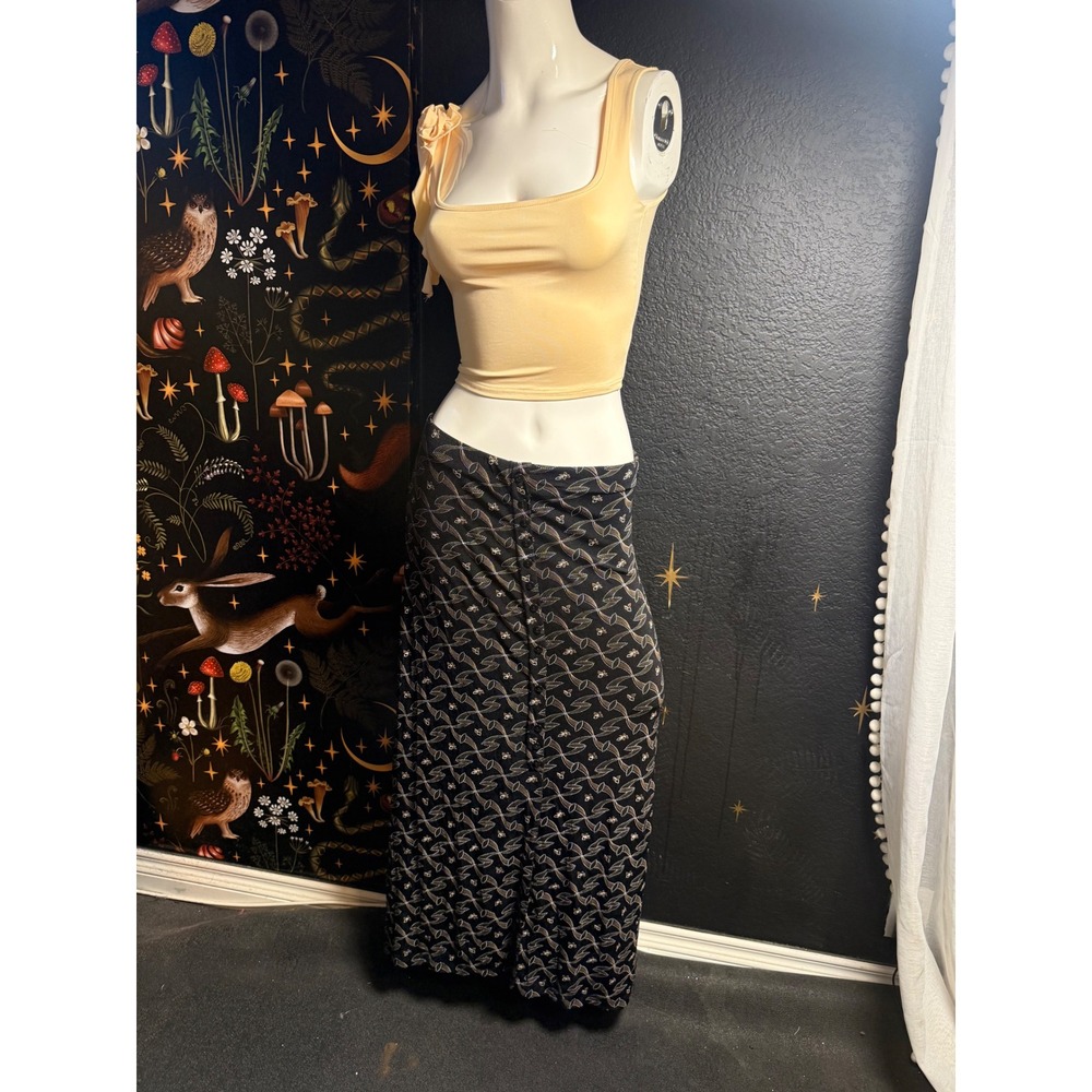 Vintage Geometric Print Button Front Maxi Skirt Black Tan Medium Made in USA